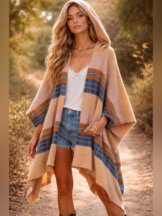 Free People Sweaters - Free People Mercer Hooded Kimono Poncho Bohemian Plaid Stripe Knit Sweater